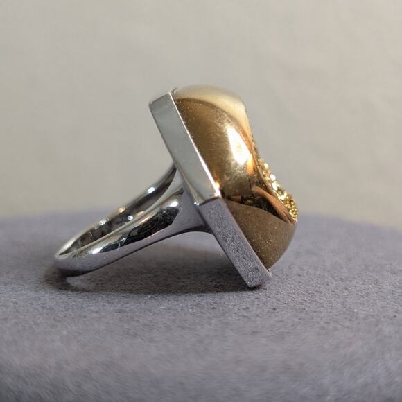 Chunky Hexagon Gold Druzy Quartz Two Tone Sterling Silver Ring Size 8 - Picture 8 of 14